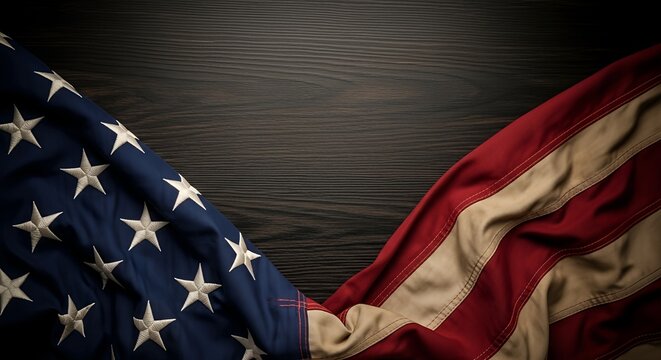 Honoring our heroes on Veterans Day with the American flag draped on a dark rustic wooden background and copy space