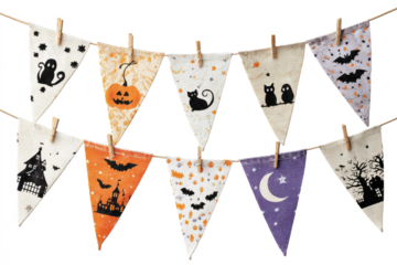 Halloween bunting banner with spooky icons hanging on a string with clothespins perfect for party decorations and festive backgrounds
