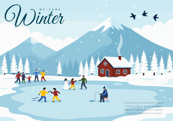 Welcome Winter Landscape Poster &ndash; People Skating, Snowy Mountains, Cabin, and Frozen Lake Illustration