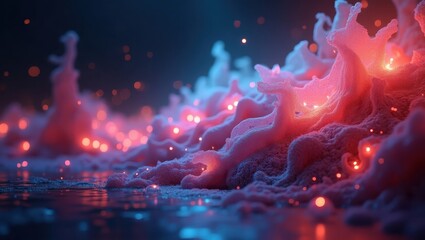 Dramatic abstract digital artwork displays a surreal landscape, featuring illuminated cloud-like structures in vibrant shades of pink and blue, accompanied by scattered glowing particles, evoking a...