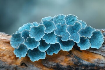 A striking cluster of vibrant blue fungi with undulating caps grows on textured wood, creating a captivating and otherworldly natural scene.