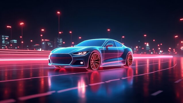 Modern, illuminated sports car travels along a neon-lit highway at night, showcasing glowing contours and speed trails, with city lights illuminating in the background, creating a futuristic and...