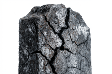 Close-up of a cracked charcoal briquette showing texture and detail isolated on a white background