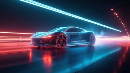 Obraz premium Futuristic sports car design highlighted by neon lights, with a blue and red color palette, speeding through a tunnel, showcasing a vibrant and dynamic motion effect in this digital illustration.