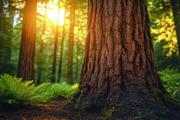 Fototapeta premium Golden sunlight bathes a majestic tree trunk in a lush, verdant forest. Ferns carpet the ground, creating a serene, mystical woodland.