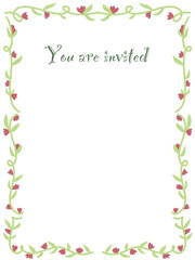 Floral arrangement of hand drawn flowers and leaves. invitation, greeting card template. You are invited text