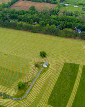 Aerial view of lush green fields patterned by mowing, interspersed with trees and a small building connected by a winding road, Shenandoah, Virginia, United States.
