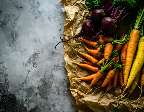 Fresh carrots and beets arranged on textured paper