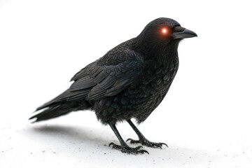 Obraz premium Black crow with glowing red eyes isolated on white a spooky and ominous bird for Halloween or horror themes