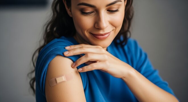 Smiling woman displays adhesive bandage on upper arm after vaccination. Wearing blue shirt, looking down at vaccination site with positive expression in studio setting. - Powered by Adobe