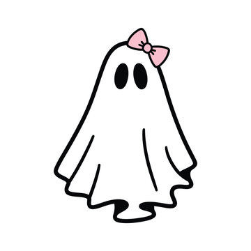 Cute cartoon ghost wearing a pink bow