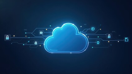 Digitally rendered illustration showcasing a glowing cloud symbol surrounded by interconnected icons, circuits, and data-related symbols, representing network security and information storage on a...