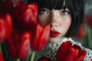 Girl holding red tulips