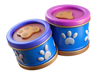 Photo of two blue cans of dog food with paw print decorations isolated on transparent background