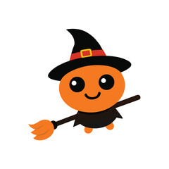 cute pumpkin in black hat riding a broom on white 