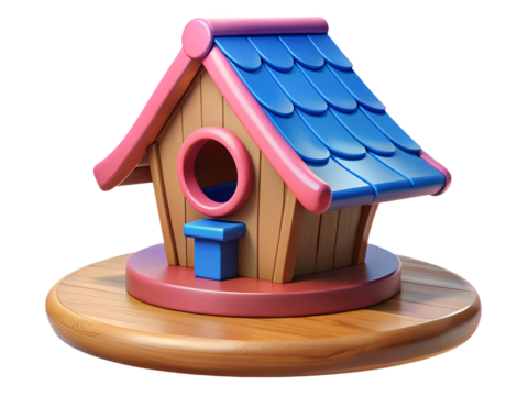 Photo of charming cartoon birdhouse with blue roof and pink trim isolated on transparent background