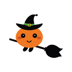 cute pumpkin in black hat riding a broom on white 