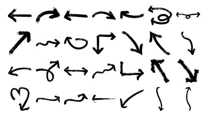 Collection of hand drawn black arrows and symbols in various styles and directions on a white background