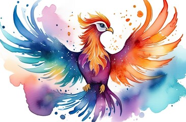 Obraz premium Vivid watercolor painting of a phoenix with vibrant, multicolored wings outstretched, surrounded by splashes of abstract color and light, representing energy, transformation, and creativity