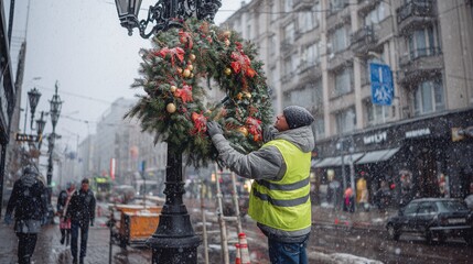 Obraz premium City worker decorates streetlamp with festive wreath during snowy winter scene