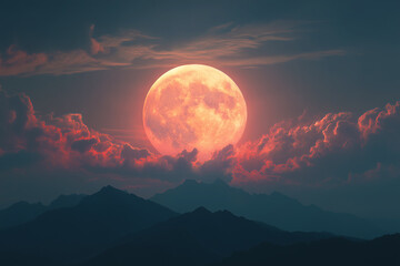 Surreal night landscape with bright moon, layered peaks, and vibrant pink clouds creating cinematic atmosphere