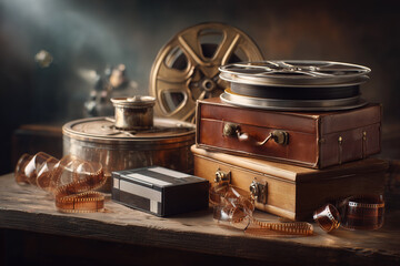 Vintage film reels, VHS tape, leather suitcase, and scattered 35mm strips arranged on wooden surface with blurred projector in background