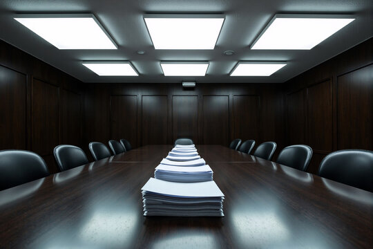 Empty modern boardroom with long dark wood conference table and chairs. Formal corporate setting for business meetings, negotiations, or presentations, with dramatic lighting and organized papers