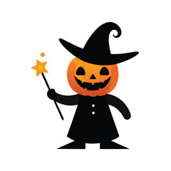 evil pumpkin witch casting spell with magic wand 