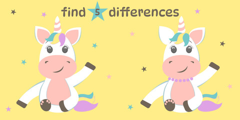 Children's task, find 5 differences, cute unicorn, educational puzzle, attention task, cartoon, children, education, kindergarten