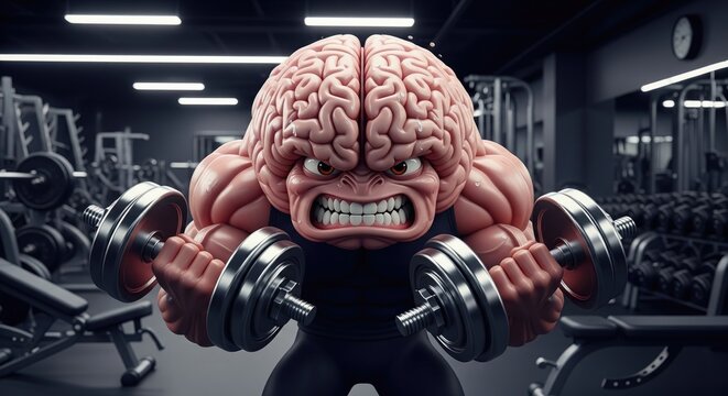 A cartoonish strong brain lifting weights in a gym, showcasing physical strength and intellect.