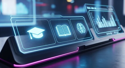 Futuristic digital interface showcasing education and analytics concepts.