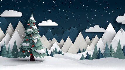 Paper cut style winter landscape with snow-covered Christmas tree, falling snowflakes, and festive holiday atmosphere at night.