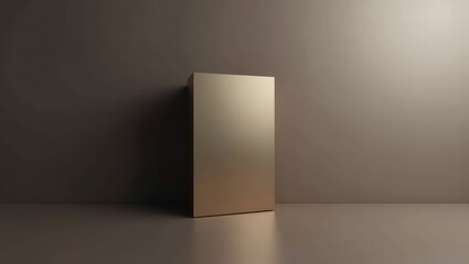 Fototapeta premium A gold-colored, rectangular prism casts a long shadow against a darker wall in a minimalist setting, with a softly lit floor and neutral background, showcasing a clean and elegant aesthetic.