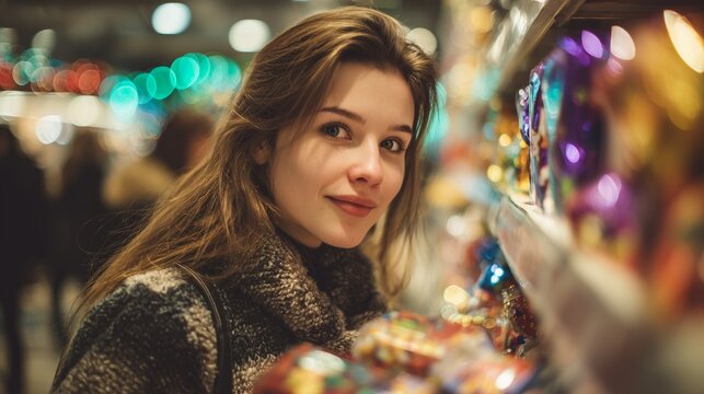 Young woman smiles while browsing colorful treats in a bustling market during evening hours