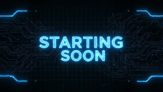Starting soon text animation with cyber circuit background. Livestream overlay, event preparation, digital technology concept footage.