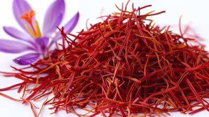 Naklejka premium Fine saffron strands forming an aromatic culinary spice ingredient on a white setting for recipes.