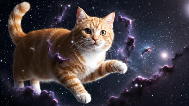 Orange cat walking through animated nebula and starfield. Virtual background for online stream or gamer video. Cute pet in space footage.