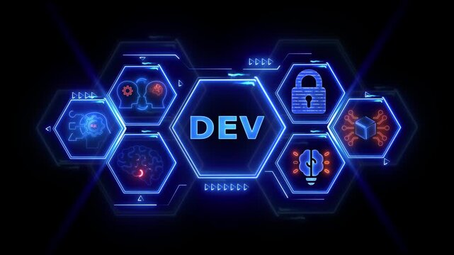 Development DEV digital interface technology concept with glowing neon hexagons on black background