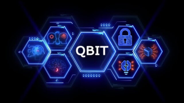Futuristic Qubit Technology Concept with Digital Brain and Security Icons Keywords: Qubit, quantum computing, technology, digital, futuristic, innovation, science, data