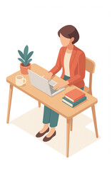 デスクでパソコン作業をするビジネスウーマンのアイソメトリックイラスト