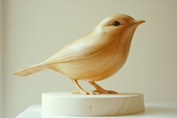 Beautifully carved wooden bird sculpture with a smooth, light wood finish and minimalist design, featuring a single black eye on a circular base.