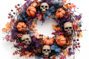 Halloween wreath with skulls and pumpkins festive autumn decoration for front door isolated on white background
