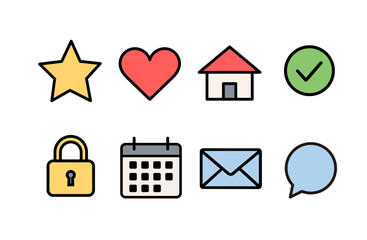 シンプルでカラフルなベクターアイコンセット（星・ハート・家・カレンダーなど）