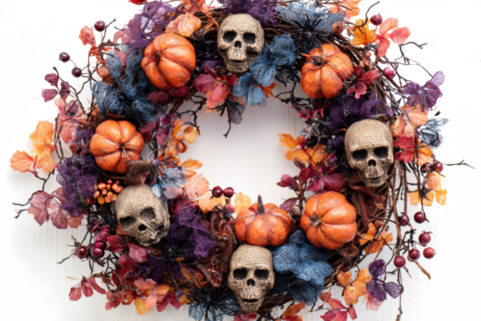 Halloween wreath with skulls and pumpkins festive autumn decoration for front door isolated on white background