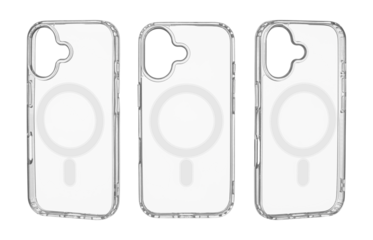 set Transparent silicone case for smartphone model 17 with built-in magnetic ring. Designed for wireless charging and modern accessory presentation. Minimal clean look on white background.