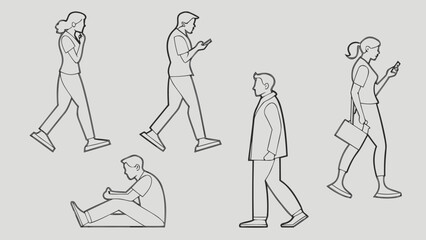 Minimal Line Drawing Vector Set of People in Different Poses Including Standing, Walking, Sitting, and Talking on Gray Background