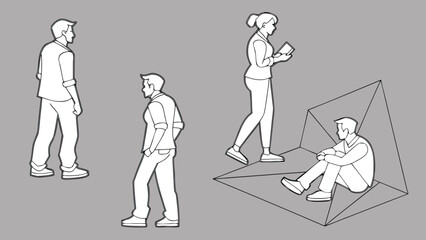 Minimal Line Drawing Vector Set of People in Different Poses Including Standing, Walking, Sitting, and Talking on Gray Background