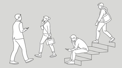 Minimal Line Drawing Vector Set of People in Different Poses Including Standing, Walking, Sitting, and Talking on Gray Background