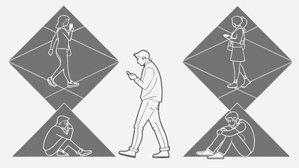 Minimal Line Drawing Vector Set of People in Different Poses Including Standing, Walking, Sitting, and Talking on Gray Background