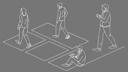Minimal Line Drawing Vector Set of People in Different Poses Including Standing, Walking, Sitting, and Talking on Gray Background
